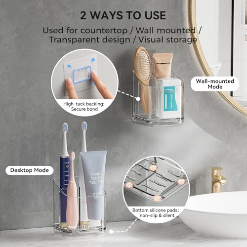 Toothbrush Holders for Bathrooms, 3 Slots Detachable Electric Toothbrush Holder Wall Mounted with Divider, Removable Tooth Brush and Toothpaste Holder Organizer for Bathroom/Kitchen/Office - color: Clear