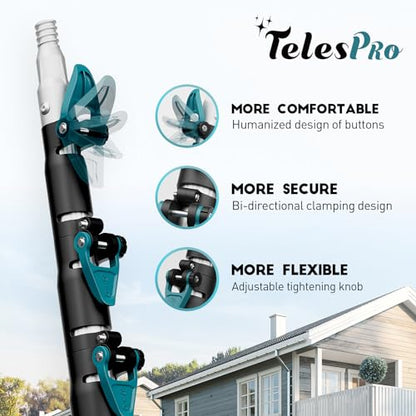 TelesPro 20 Feet High Reach Window Squeegee with 5-12Ft Extension Pole, Window Cleaner Tool with 3-Stage Telescoping Pole, Window Cleaning Kit with Rotatable Head (2 Squeegee & 2 Microfibre Cloths) - size: 12 FT