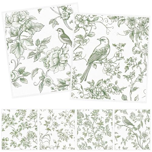 Swedish Dishcloths for Kitchen, 6PCS Sage Green Floral Birds Cellulose Sponge Reusable Paper Towels Washable, Greenery Absorbent Fast Drying Swedish Dish Cloth for Home Cleaning - style: Green Flower
