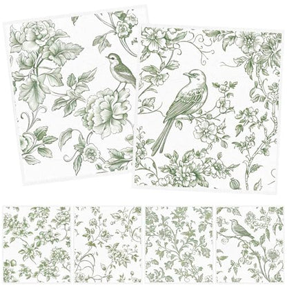 Swedish Dishcloths for Kitchen, 6PCS Sage Green Floral Birds Cellulose Sponge Reusable Paper Towels Washable, Greenery Absorbent Fast Drying Swedish Dish Cloth for Home Cleaning - style: Green Flower