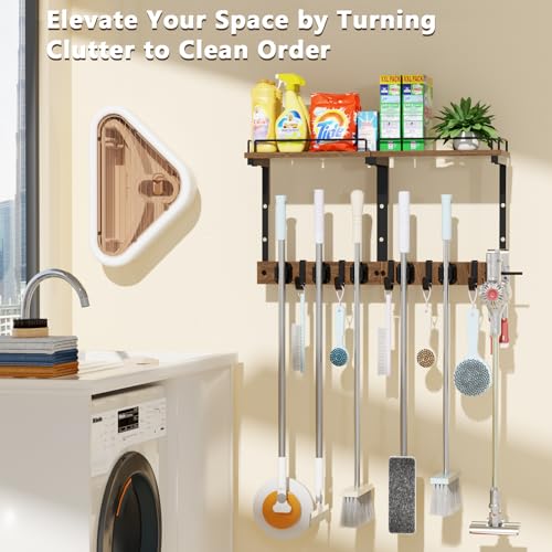 Mop Holder Wall Mount with Cleaning Supplies Organizer, Wood Mop and Broom Hanger Rack Organizer with Anti-Fall Wall Shelf with 5 Clips & Hooks for Garage Laundry Room Kitchen (Brown) - color: Brown