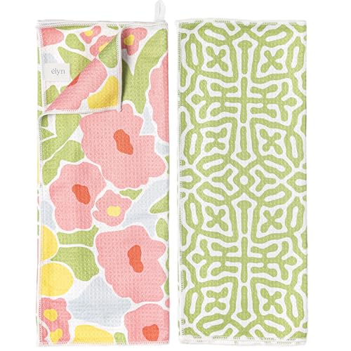 ELYN Microfiber Kitchen Dish Towel Set, Quick-Dry & Absorbent Waffle Weave Cleaning Towels, Set of 2 Kitchen Towels, Paper Towels Alternative (Bold Floral & Geo) - color: Bold Floral & Geo, style: Dish Towel - 2 Pack