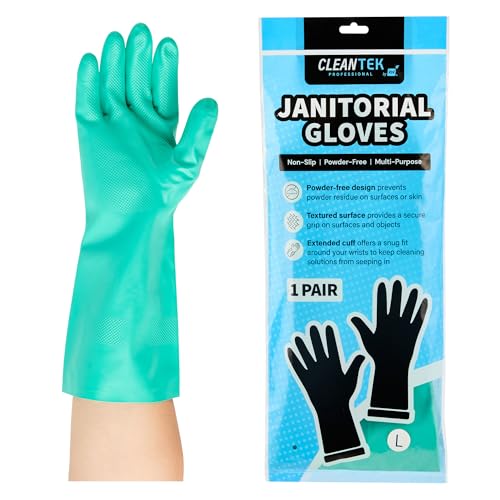 Restaurantware Green Cleaning Gloves 10 Pairs 15 Mil Thick Large Heavy-Duty Nitrile Gloves With Long Cuff No-Latex Flock Lining For Use In Hospitals, Laboratories, Kitchens and Households - color: Green, size: 10/Large