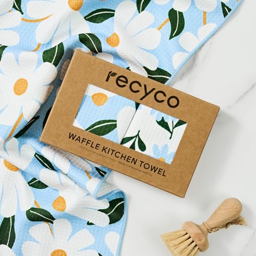 RECYCO Waffle Kitchen Towel Set of 2 - Quick Dry Microfiber Sustainable Dish Towels - Ultra Absorbent Reusable Cleaning Tea Towels - Lightweight Hand Towels,16”x 28”, Daisy Dreams - color: Daisy Dreams