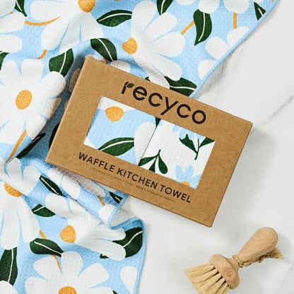 RECYCO Waffle Kitchen Towel Set of 2 - Quick Dry Microfiber Sustainable Dish Towels - Ultra Absorbent Reusable Cleaning Tea Towels - Lightweight Hand Towels,16”x 28”, Daisy Dreams - color: Daisy Dreams