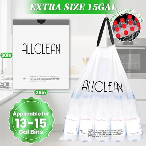 Trash Bags 15 Gallon Tall Kitchen Drawstring Garbage Bags,Fit 13-15 Gal Bins,Extra Strong&Leak-Proof,Unscented&Recyclable Trash Can Liners for Home Office Industrial Bathroom Garden Lawn - style: 13-15 Gallon-White