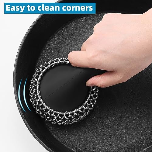 SUBEKYU Cast Iron Scrubber with Silicone Handle, Stainless Steel Chainmail Scrubber for Cast Iron Pans, Black - color: Black