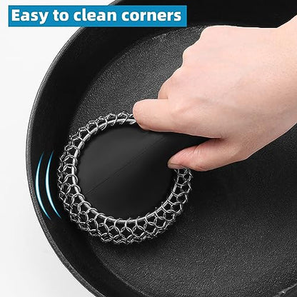 SUBEKYU Cast Iron Scrubber with Silicone Handle, Stainless Steel Chainmail Scrubber for Cast Iron Pans, Black - color: Black