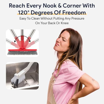Foxtrot Living Grout Brush with Long Handle & Handheld Stiff Bristle Scrubber, V-Shaped Cleaner with Telescopic Handle for Easy Cleaning & Storage - Tile Floor Cleaning Brush - color: White and Red