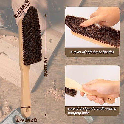 2 Pieces Woooden Dust Brush Hand Broom Bench Brush with Long Wood Handle Whisk Broom Soft Bristle Brush for Counter Bed Sofa Car Fireplace Clothes Household Cleaning - color: Brown