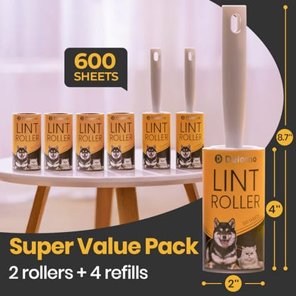 DELOMO Extra Sticky Lint Roller for Pet Hair, 600 Sheets Mega Pack (2 Rollers+ 4 Refills), Pet Hair Remover for Clothes, Couch, Furniture, Bedding, Car Seats - Easy Peel Design for Dog Cat Owners - size: C: 2 Rollers + 4 Refills ( 600 Sheets Total )