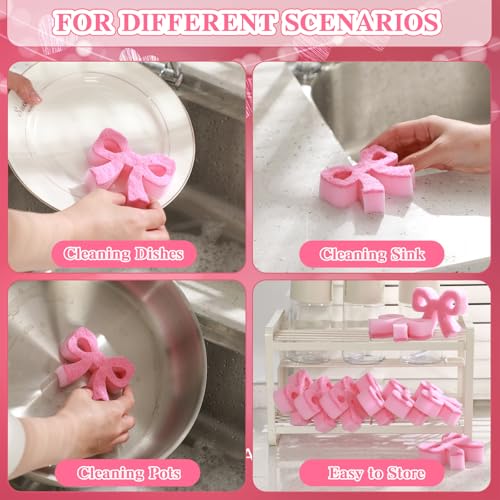 Tioncy 12 Pack Pink Bow Sponges Bulk Preppy Dual Sided Scrubber Pink Bow Sponges Reuseble Non Scratch Dishwashing Kitchen Cleaning Accessories for Cookware Pot Boiler Pan Household - style: Classic Bow