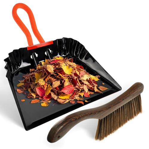 12 Inch Metal Dustpan and Brush Set,Steel Dust Pan Brush Set with PVC Handle and Wood Broom for Indoor/Outdoor, Ashes, Glass, Pet Food - Industrial & Commercial Use
