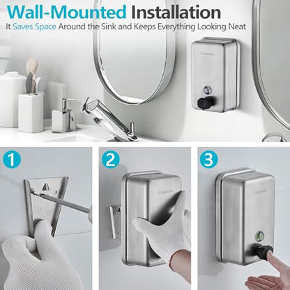 Commercial Soap Dispenser Wall Mount, 1100ML Stainless Steel Wall Mount Soap Dispenser, Leak-Proof Manual Pump for Bathroom Kitchen Office, Silver - size: 37.19 fl.oz./ 1100ml