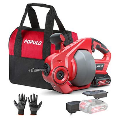 POPULO 20V Cordless Electric Drain Auger-Efficient 25Ft Auto-Feed Drain Snake with Replaceable Cable,2.0Ah Battery,Charger,Storage Bag & Gloves for Kitchen,Bathroom,Shower Pipes (3/4"-2")" - style: 25ft Standard - Red
