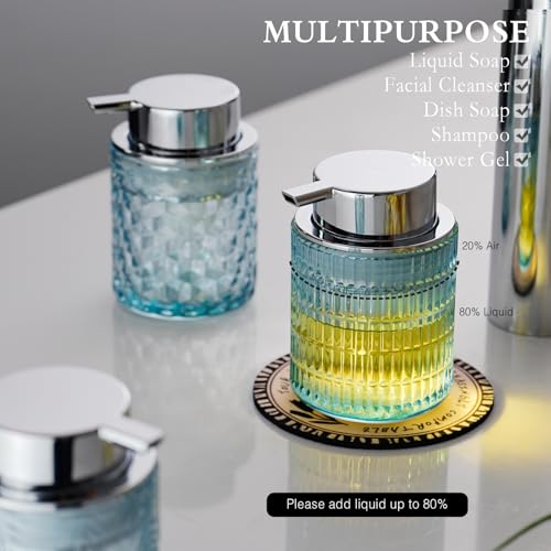 CICUFY Glass Foam Soap or Lotion Dispenser, Refillable Liquid Dispenser with Large Silver Pump (Striped Pattern-Blue) - color: Blue, style: Foam/Striped Pattern