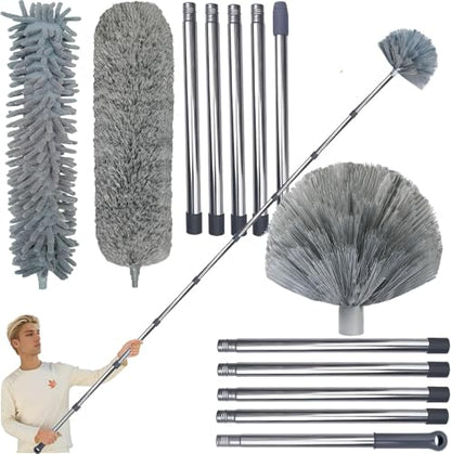 20+ Feet High Reach Duster Kit with 3-14 ft Extension Pole for Cleaning Fan, Spider Web, High Ceiling, Blinds, Furniture, Cars - Cobweb Microfiber Duster // Outdoor & Indoor Extendable Duster