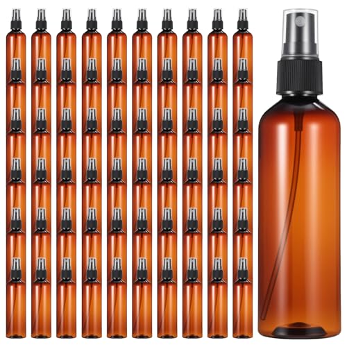 60 Pack 4 Oz Amber Plastic Spray Bottles, Fine Mist Refillable Empty Travel Bottles for Essential Oils, Perfume, Toner & Cleaning Solutions