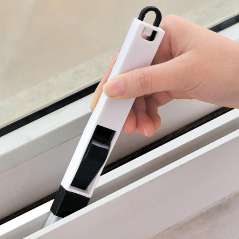 Window Groove Cleaning Brush with Small Dustpan, 2-in-1 Handheld Track Cleaner for Sliding Door Window Gaps Corner and Keyboards, Black and White