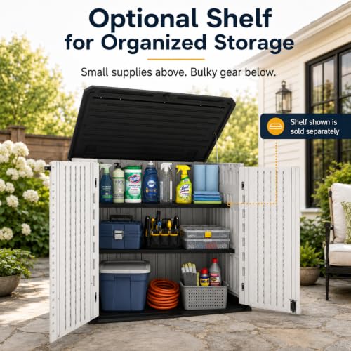 ADDOK 26 Cu.Ft Outdoor Storage Shed with Floor,Large Waterproof Resin Storage Cabinet with Lift-Up Lid,Double Doors and Lockable Design for Lawn Mower,Garden Tools, Patio,Backyard and Pool Supplies - size: 26 Cu.Ft-White