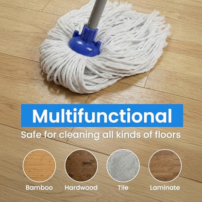 Indoor Mop for Floor Cleaning, Lightweight Cotton Mop with 2 Washable Heads