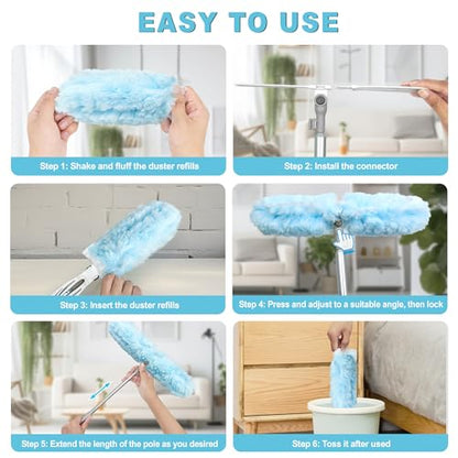 JEHONN Duster with 6 ft Extension Pole, 10 Refills Compatible with Swiffer Super Extendable Handle Heavy Duty Dusting Wand Starter Kit for Cleaning High Ceiling Fan Shelves Vent Window Blind