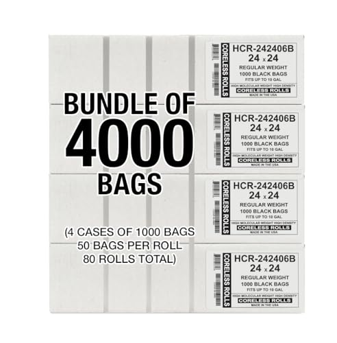 Aluf Plastics High Density Trash Bags, 10 Gallon, 4000 Count, 6 Micron (eq), 24" x 24", Black, for Bathroom, Office, Industrial, Commercial, Janitorial, Municipal, Recycling - color: Black, style: 7-10 Gal, 6 Micron Equiv, 4,000 Count