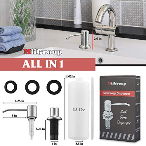 Stainless Steel Soap Dispenser for Kitchen Sink (Brushed Nickel), Built in Hand Sink Pump with Large 17 oz Bottle, Refill from the Top