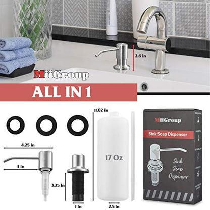 Stainless Steel Soap Dispenser for Kitchen Sink (Brushed Nickel), Built in Hand Sink Pump with Large 17 oz Bottle, Refill from the Top