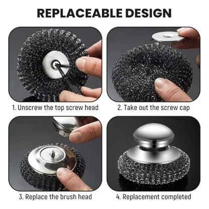 Steel Wool Scrubber with Handle, Upgrade Heavy Duty Stainless Steel Dish Scrubber for Cleaning Dishes, Iron Pots, Stoves, Kitchen Sink (2 pcs) - color: 2 Pcs