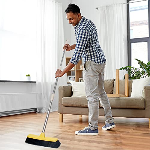 Push Broom with Long Handle, Floor Brush 49.6 inch Soft Bristle Broom 12.2" Wide for Cleaning Bathroom Kitchen Patio Garage Deck Tile Floor - color: Yellow
