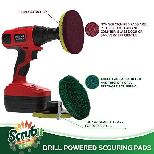 SCRUBIT Drill Brush Power Scouring Pads - Heavy Duty Tub and Tile Cleaner - Drill Scrubber Brush kit Includes Drill Attachment, 3 Red, 3 Stiff Green Scrubber Pads