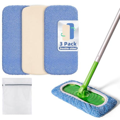 3 Pack Reusable Double-Sided Mopping Pads Compatible with Swiffer Sweeper Mop, Washable Wet & Dry Mopping Sweeping Cloth for Multi-Surface Cleaning, Dual-Sided Pad Refills (Not Include MOP) - color: Dual-sided Blue, size: 3 Pack