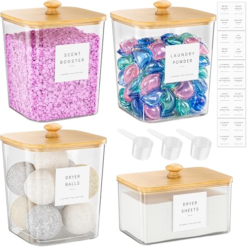 3+1 Pack Bamboo Laundry Pods Container, Clear Laundry Room Organization Containers,Large Laundry Detergent Powder Storage Containers Lids & Labels, Acrylic Laundry Pods Holder for Scent Booster - color: Bamboo, size: 3+1 pack