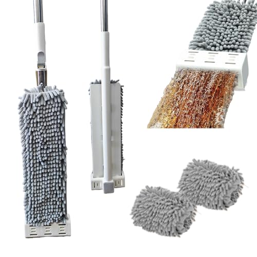 Hand-Free Self Microfiber Cleaning Mop Set - Dry & Wet Use for Hardwood Floors，Wood，Tile & Vinyl with 2pcs Large 45cm/17.72inch Washable Chenille Pads (Mop with 2 Fibers)