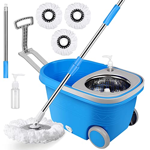 Spin Mop and Bucket with Wringer Set on Wheels, 360° Spinning Mop Bucket System with 3 Microfiber Mop Replacement Heads and 61" Stainless Steel Adjustable Handle for Floor Cleaning (25QT) - color: Blue-2
