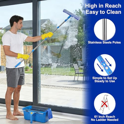Professional Window Cleaning Kit, Window Washing Kit with 3 Gallon Bucket, 14-Inch Squeegee & 15-Inch Scrubber, 61-Inch Extendable Pole, Window Cleaning Equipment for Home & Commercial (61 inch-2) - size: 61 inch-2