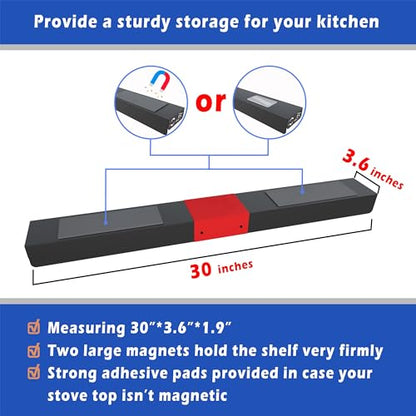 STUTOV 30" Magnetic Stove Top Shelf – Black Spice Rack with Red LOVE Design – Seasoning Organizer for Back of Stove – Over Stove Rack and Kitchen Storage Shelf - color: Black with Red Love