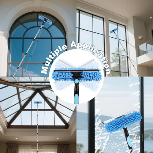 Window Squeegee Cleaner Tool with Extension Pole: 2-in-1 Window Cleaning Kit - 86.6 Inch Telescopic Long Window Cleaning Tool for High Windows Car Glass - with 2 Microfiber Cloth & Squeegee Blade - color: Blue