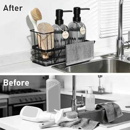Kitchen Soap Dispenser Set, 14.4 oz/425 ml Hand and Dish Soap Dispenser Set, Dish Soap Dispenser with Sponge Holder & Diatomite Tray, for Countertop Organizer, Black - color: Clear Black