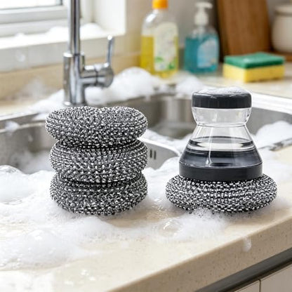 Soap Dispensing Palm Brush - 176g Dish Cleaner Brush with Soap Dispenser | Heavy Duty Refillable with Handle for Pots Pans Counter Elderly Home Cooks Busy Parents Professionals