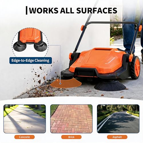 GarveeTech 25.6 in Walk-Behind Hand Push Floor Sweeper, 5 Gallon Capacity, Manual Outdoor Push Sweeper with Adjustable Folding Handle for Warehouses, Workshop, Garages