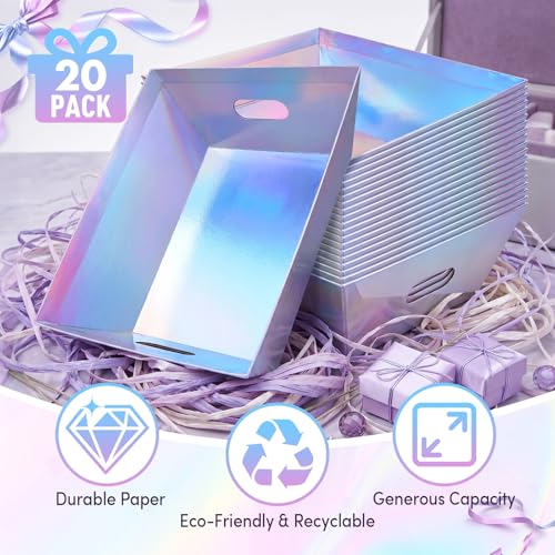 AFOROEOA 20PACK Laser Baskets For Gifts Empty, 12x10x4” Holographic Iridescent Gift Basket Kit with 20 Bows & 20 Bags - Bulk Empty Gift Baskets to Fill for Large Weddings, Parties - color: 20 Laser