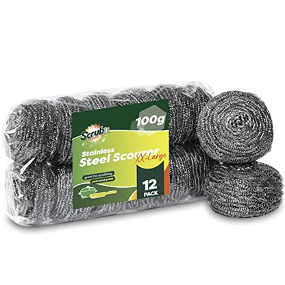 12 Pack Stainless Steel Scourers by Scrub It – Steel Wool Scrubber Pad Used for Dishes, Pots, Pans, and Ovens. Easy scouring for Tough Kitchen Cleaning. (XX Large (100 gram)) - size: XX Large (100 gram)