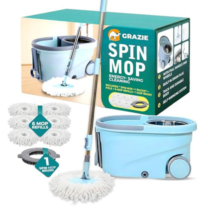 Grazie Spin Mop & Bucket Set - 360° Self-Wringing System with Wheels, Stainless Steel Handle - Hands-Free Floor Cleaning for Hardwood, Tile, Laminate - Includes 6 Washable Microfiber Mop Head Refills - size: Light Blue Mop Bucket + 6 Mop Heads