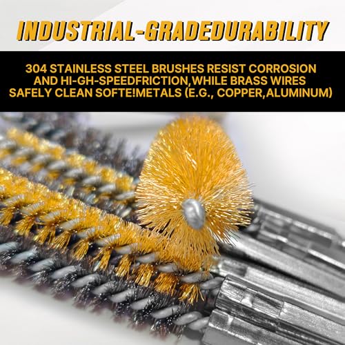 16 Pcs Wire Brush Set for Drills, Stainless Steel and Brass Bore Cleaning Brushes with 1/4" Hex Shank, Compatible with Power Drills, Grinders, and Impact Drivers (8-25mm)