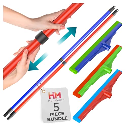 HELOMOR Bundle of 2-Pack Telescopic Metal Broom Handles Pull Broom, 59' Long and 1.87' Wide, with 3-Pack Floor Squeegee Wiper Heads Refill Mop Foam Dual Moss, 16" L for Cleaning Indoor Households