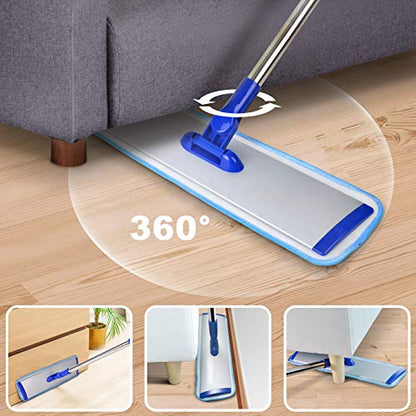 18" Professional Microfiber Mop Floor Cleaning System, Flat Mop with Stainless Steel Handle, 4 Reusable Washable Mop Pads, Wet and Dust Mopping for Hardwood, Vinyl, Laminate, Tile Cleaning - color: Blue