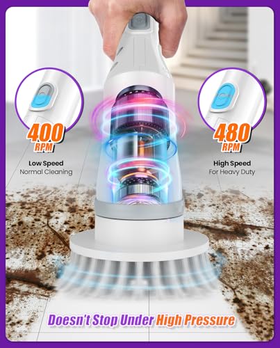 6-in-1 Cordless Electric Spin Scrubber with Long Handle | IPX7 wet-area design, 2 speeds, 47.2 in extendable reach for tile, tub, floor, and kitchen cleaning - size: 6heads