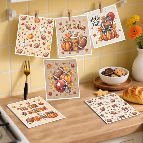 Fall Football Swedish Dishcloths for Kitchen, 6 Pack Tis the Season Reusable Cellulose Sponge Paper Towels Washable, Absorbent Fast Drying Swedish Dish Cloth for Home Cleaning - style: Fall Football